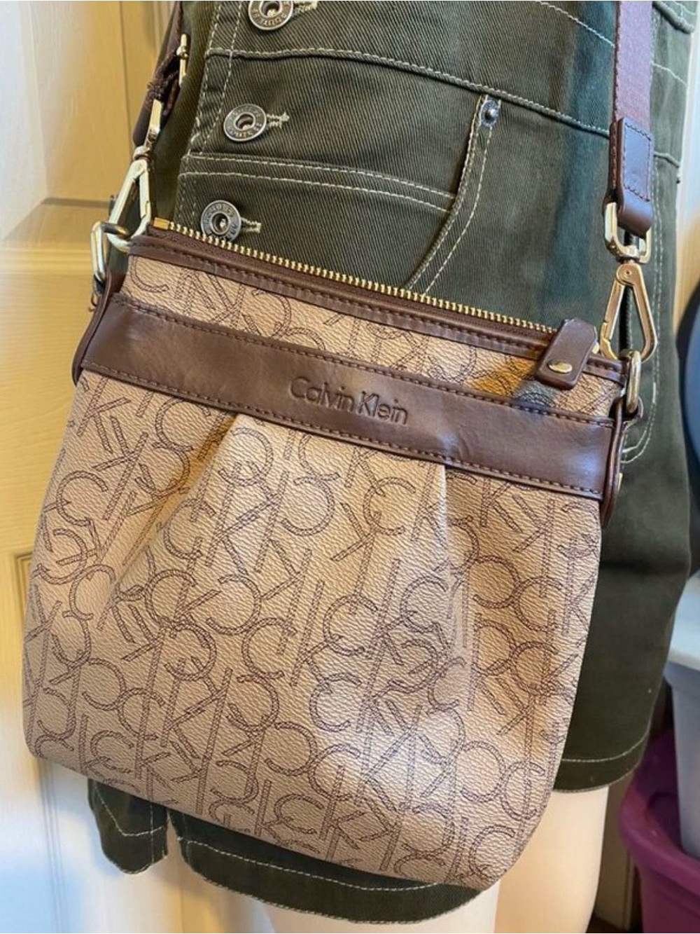 Calvin Klein Crossbody Bag Tan And Brown Leather Monogram Purse